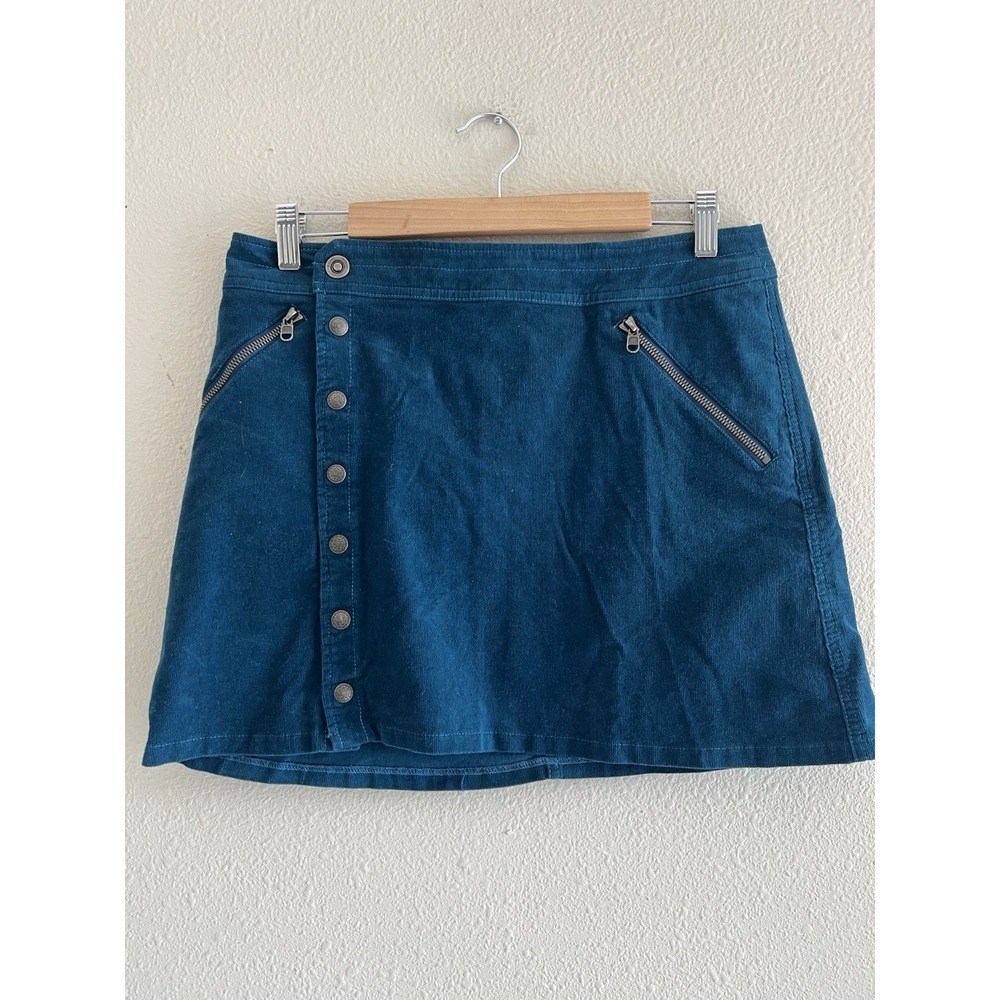 KUHL Teal Blue Corduroy Snap Front A-Line Skirt Womens 8 Zipper Pockets Gorpcore